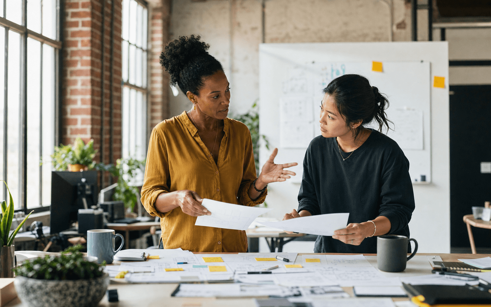 Founder and cofounder reviewing customer interview notes in a startup workspace.