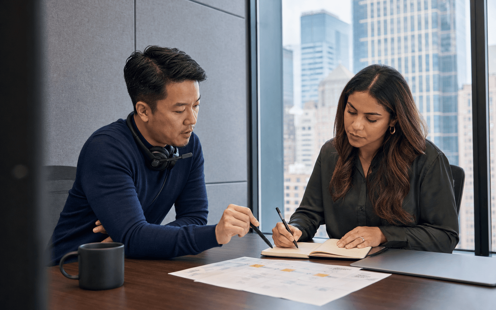 Sales teammates preparing for a buyer call with notes and an account plan.